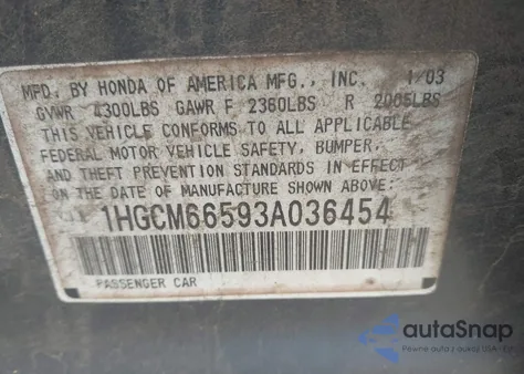2003 Honda Accord 3.0 Ex z USA, uszkodzony, nr VIN 1HGCM66593A036454